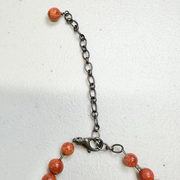 Red Coral Beaded Necklace with Coral Pendant SI 925 Sterling Silver Adjustable - Picture 5 of 7